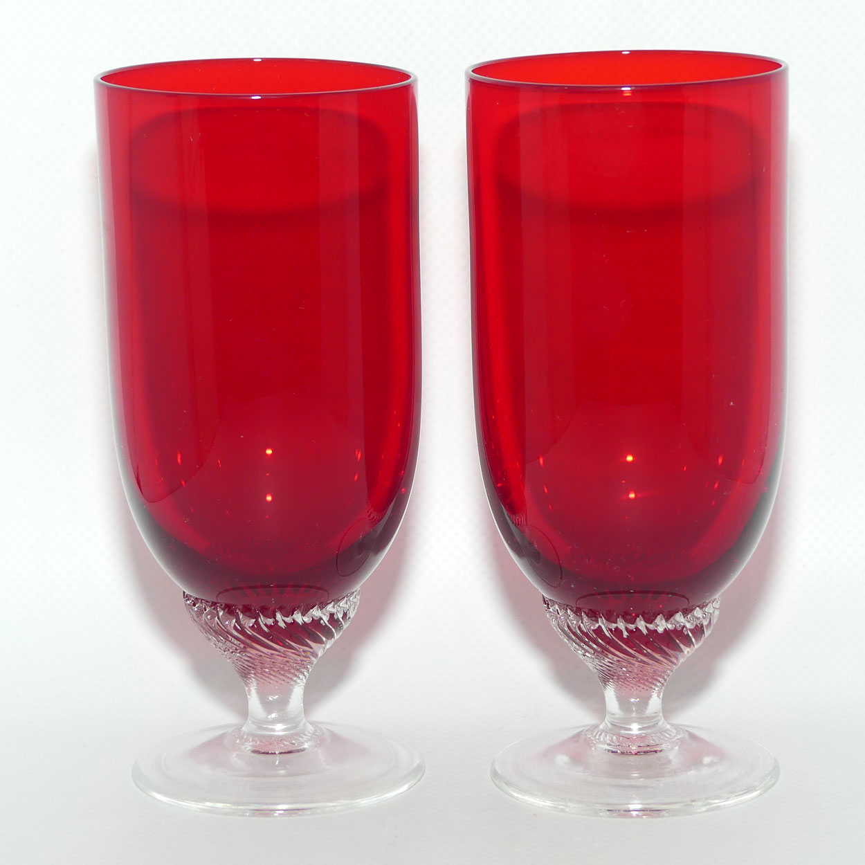 Ruby Glass set of 6 short stem Champagne Flutes | Superb fine twist stems