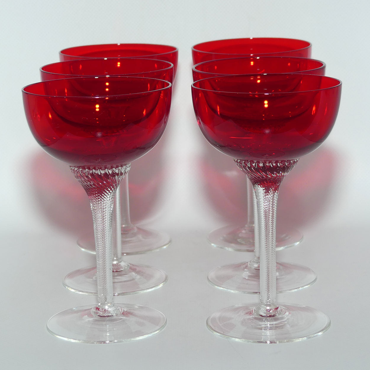 Ruby Glass set of 6 Champagne Saucers | Superb fine twist stems