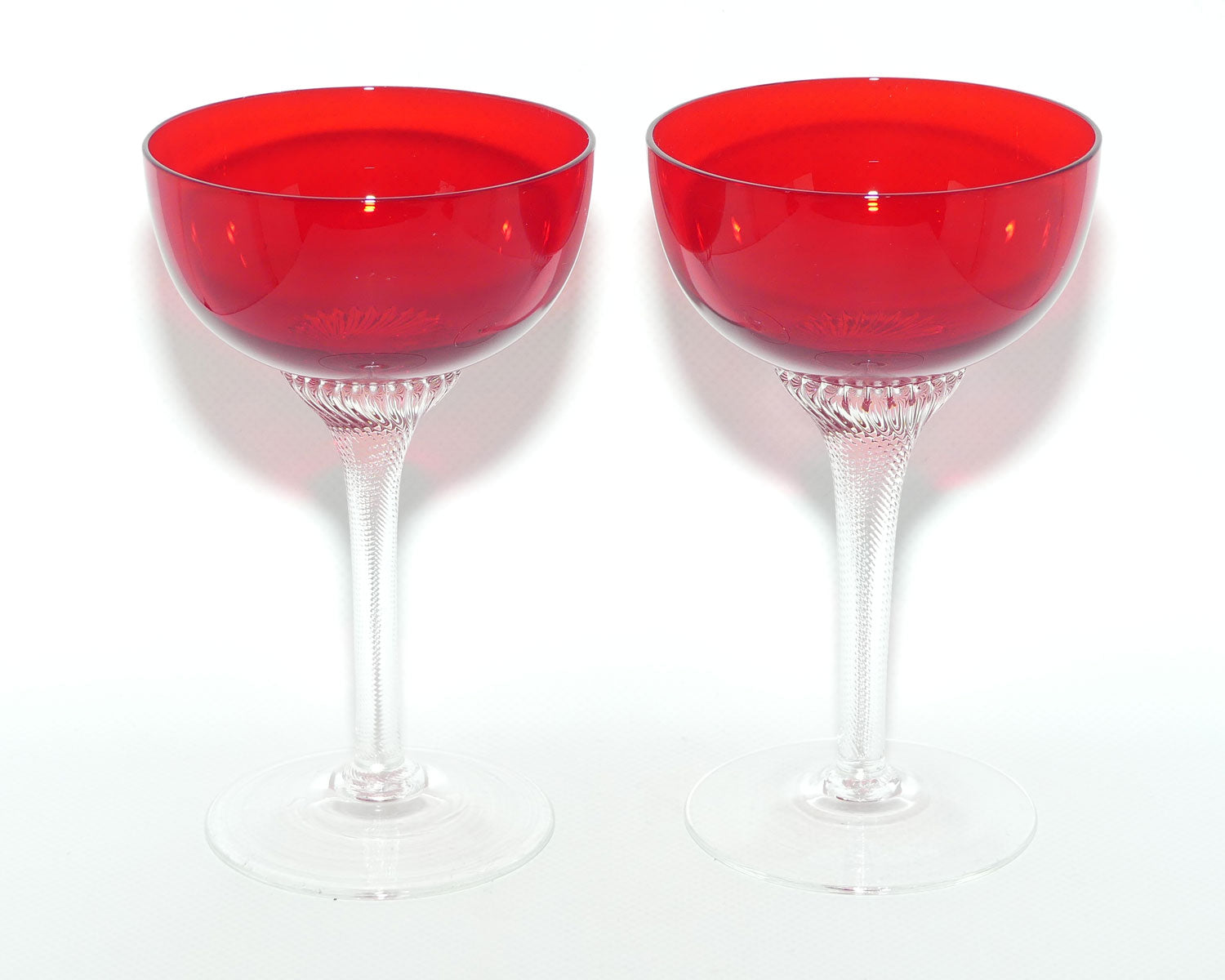 Ruby Glass set of 6 Champagne Saucers | Superb fine twist stems