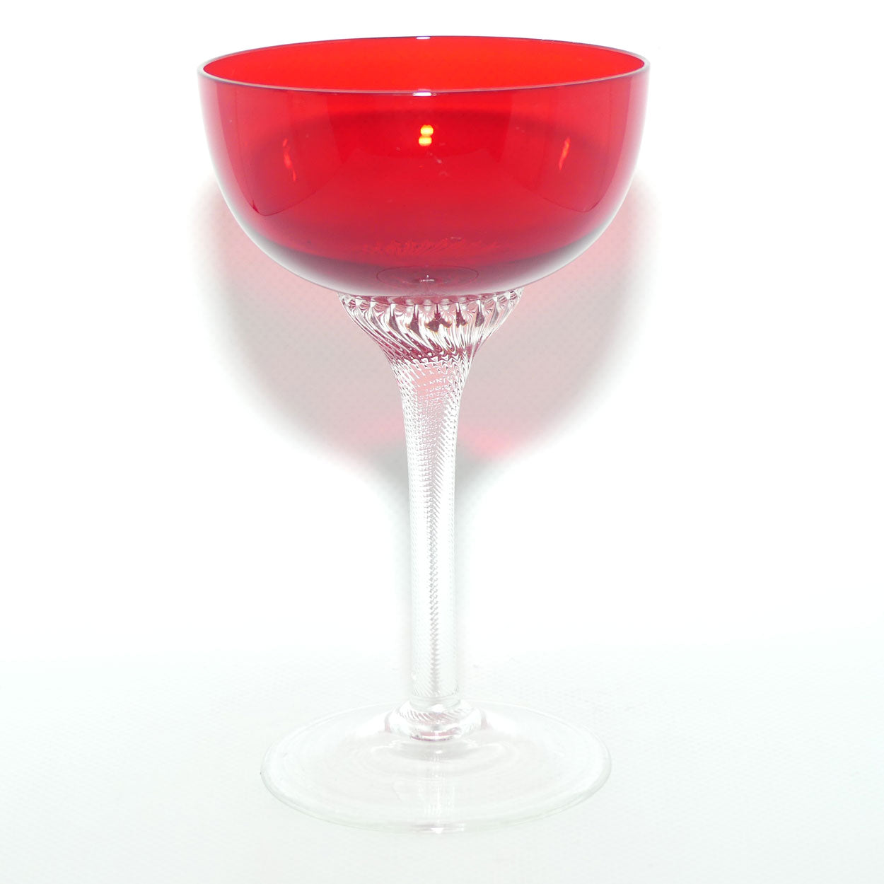 Ruby Glass set of 6 Champagne Saucers | Superb fine twist stems