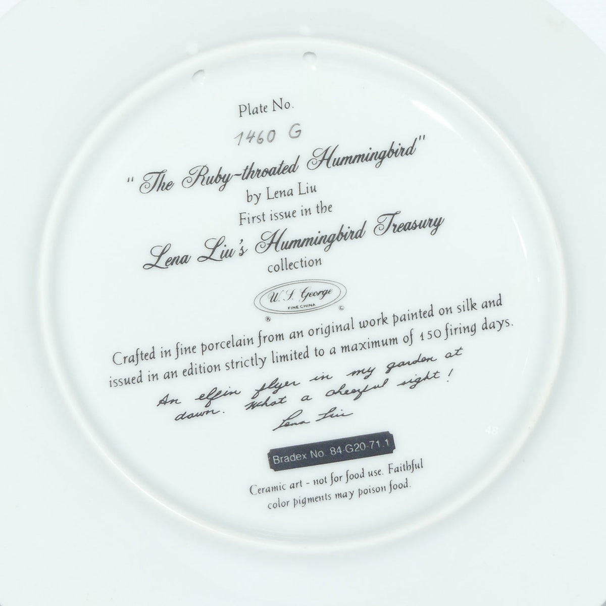 Bradex 84 G20 71.1 plate | Lena Liu's Hummingbird Treasury | The Ruby Throated Hummingbird + Cert