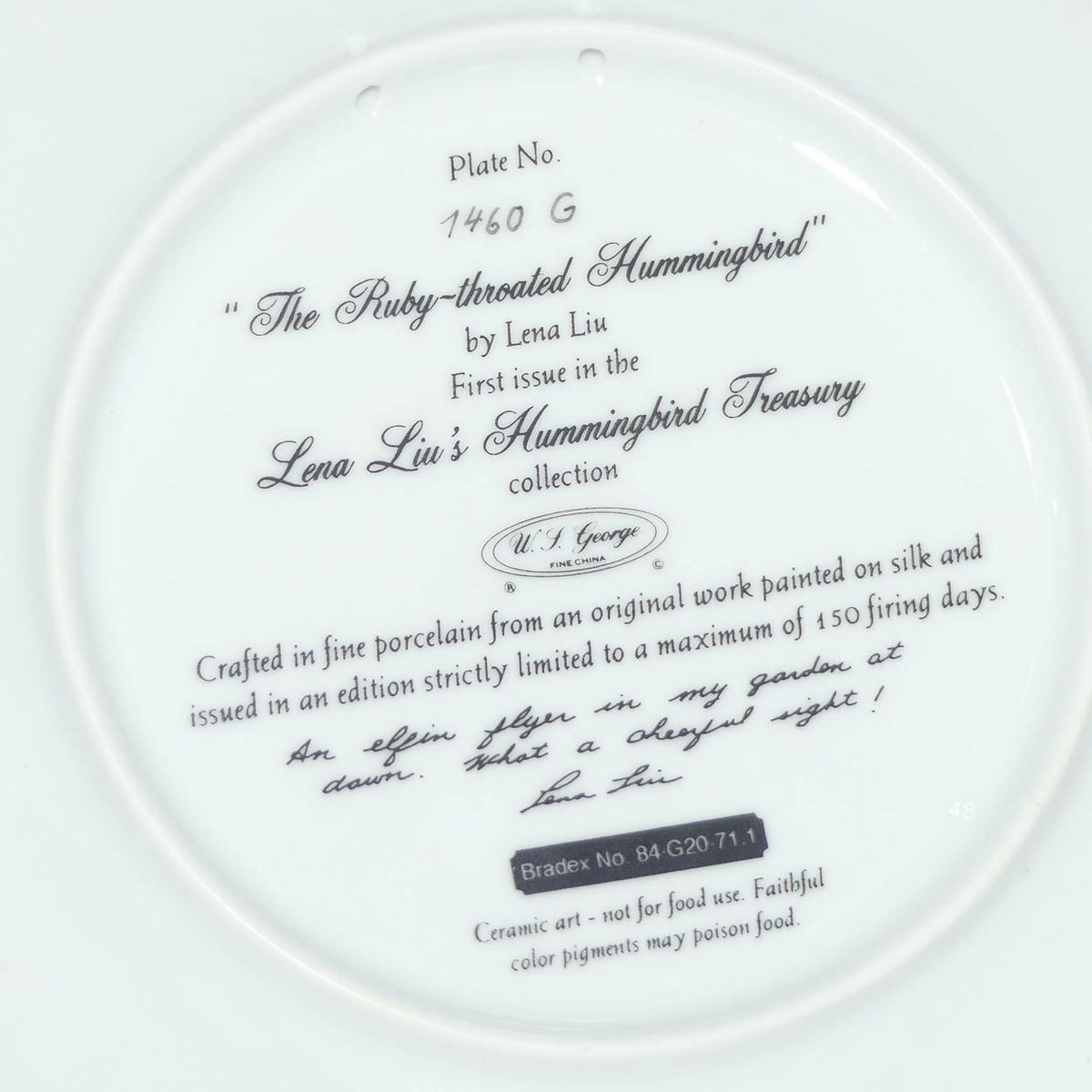 Bradex 84 G20 71.1 plate | Lena Liu's Hummingbird Treasury | The Ruby Throated Hummingbird + Cert