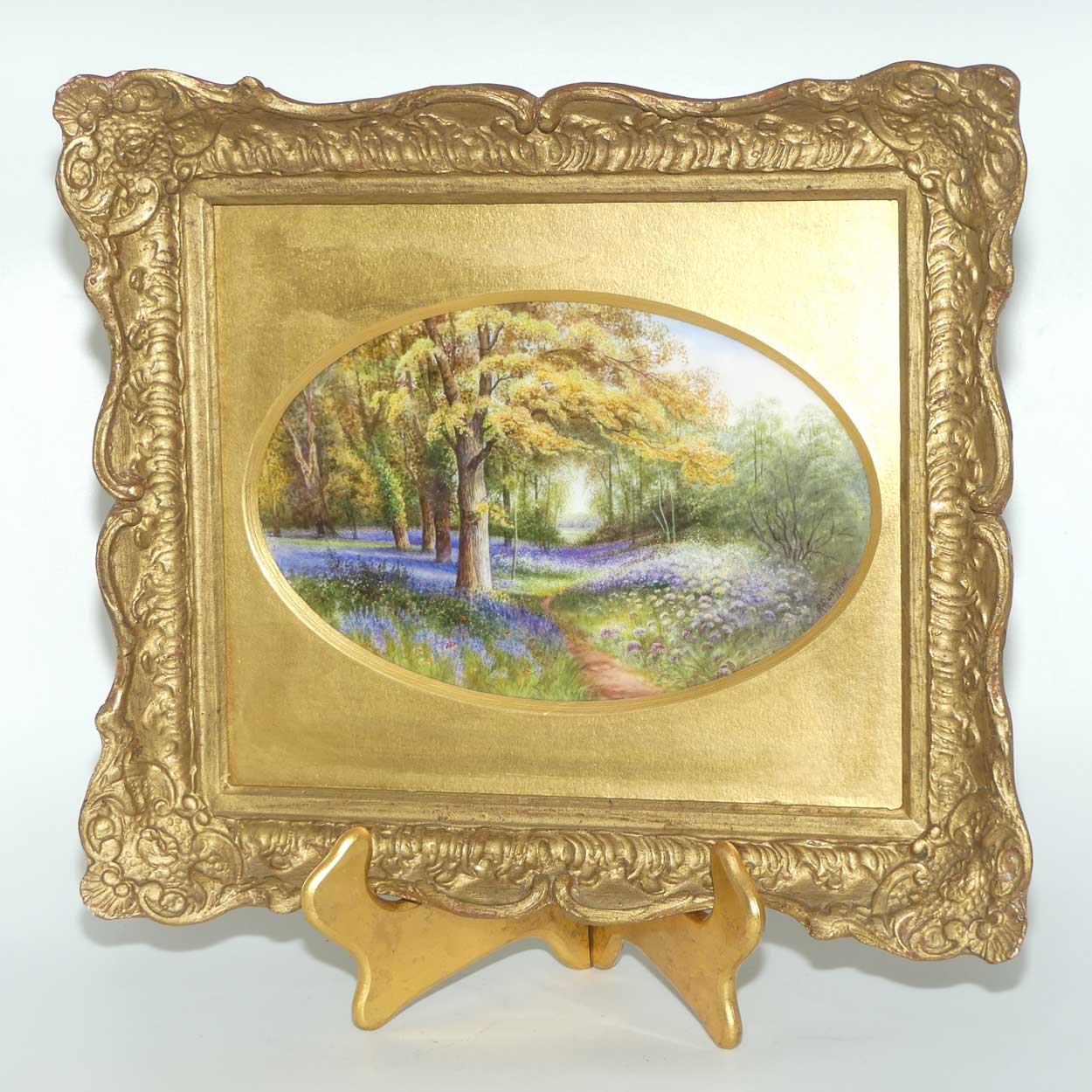 Royal Worcester hand painted gilt framed plaque Bluebells Kew by Raymond Rushton