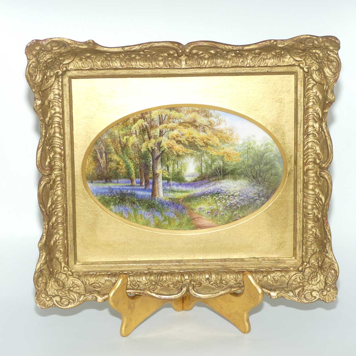 Royal Worcester hand painted gilt framed plaque Bluebells Kew by Raymond Rushton