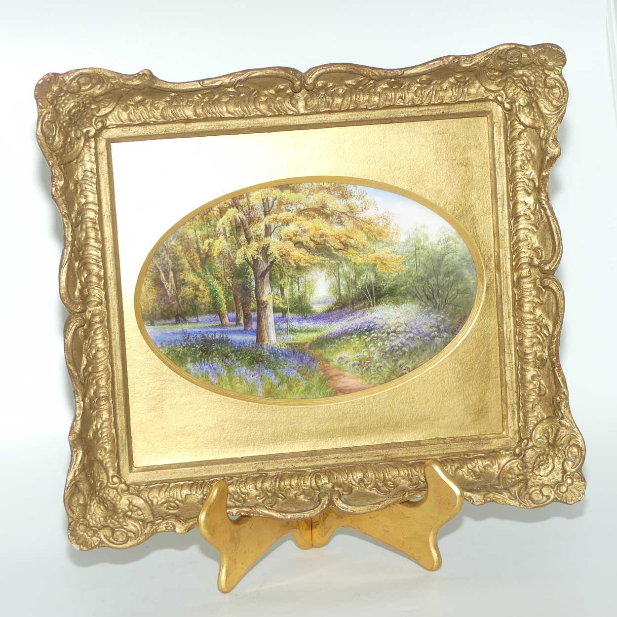 Royal Worcester hand painted gilt framed plaque Bluebells Kew by Raymond Rushton