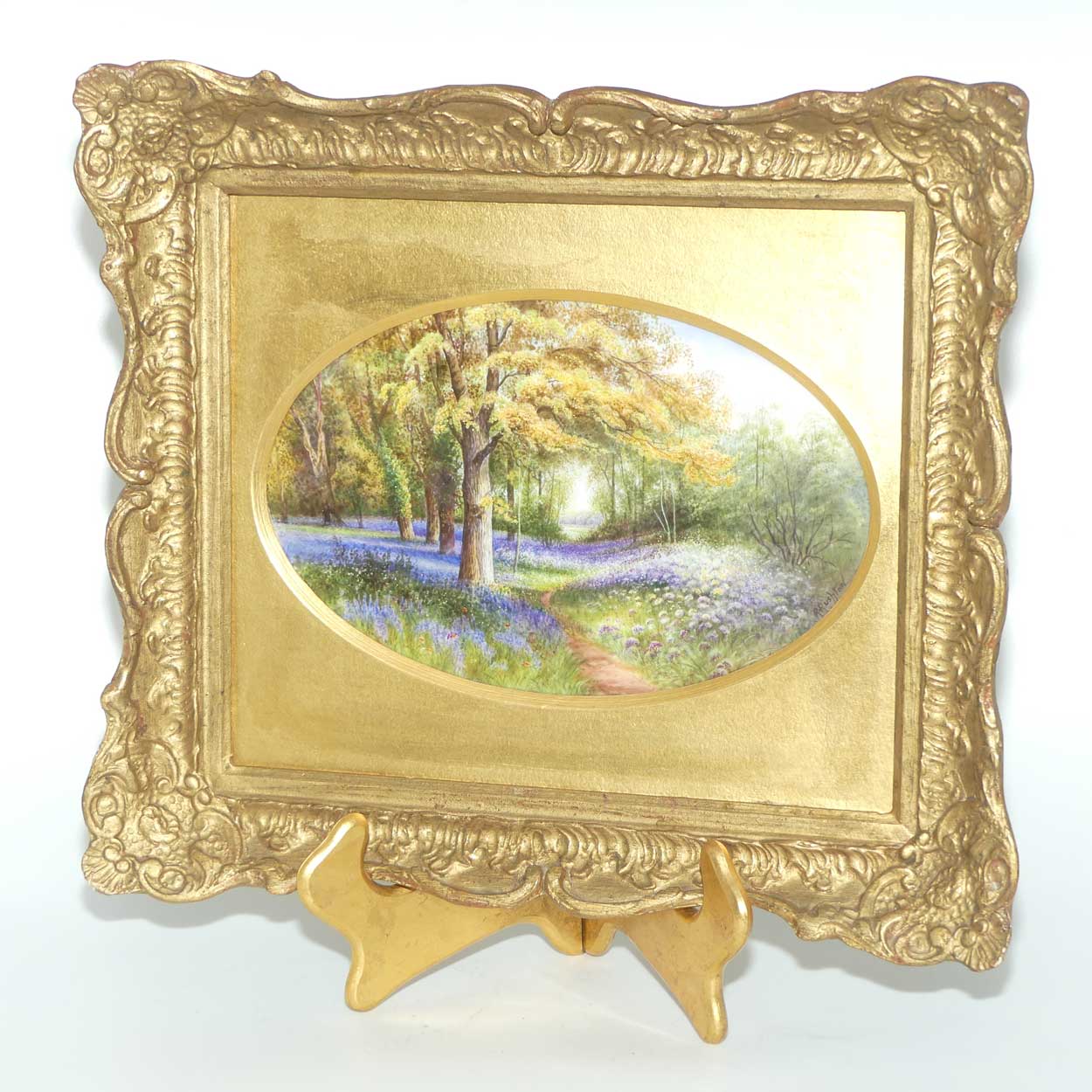 Royal Worcester hand painted gilt framed plaque Bluebells Kew by Raymond Rushton