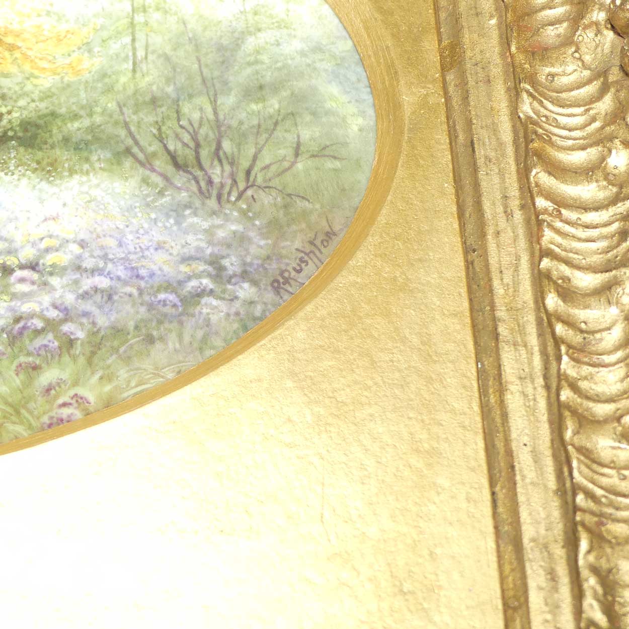 Royal Worcester hand painted gilt framed plaque Bluebells Kew by Raymond Rushton