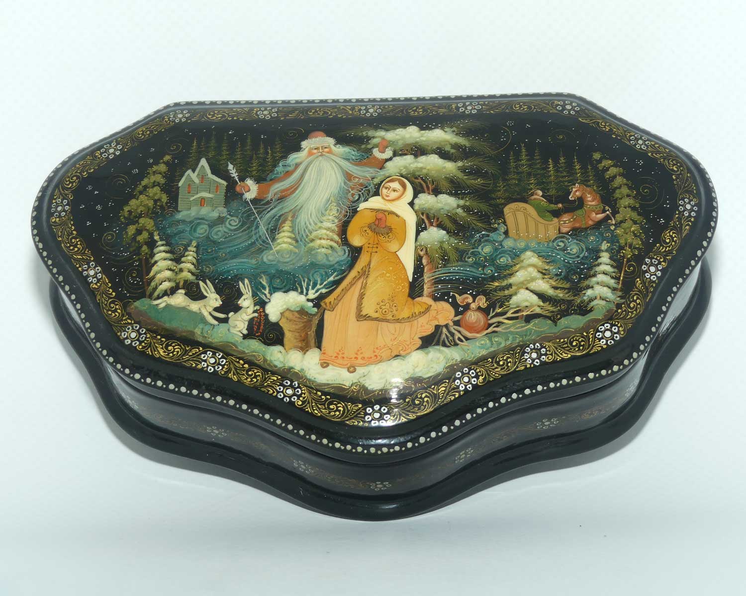 Hand Made Russian Saint Nicholas motif Papier Mache lacquer box signed Mopozko