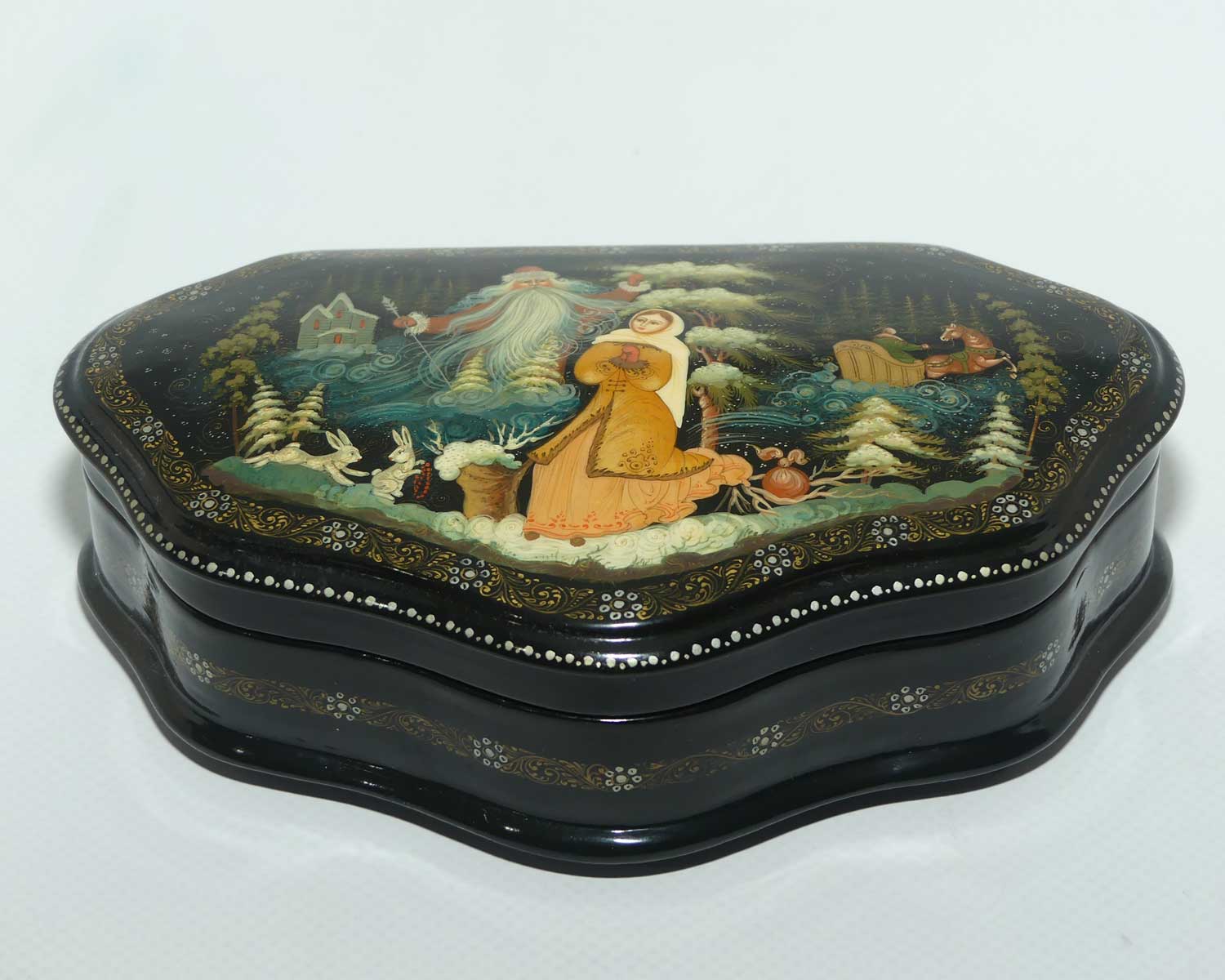 Hand Made Russian Saint Nicholas motif Papier Mache lacquer box signed Mopozko