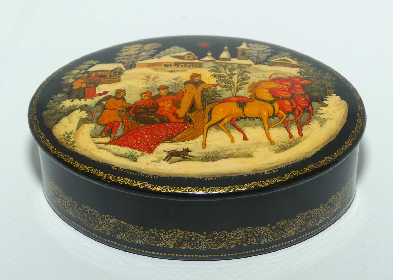 Hand Made Russian Sleigh motif Palekh | Papier Mache lacquer box | oval shape