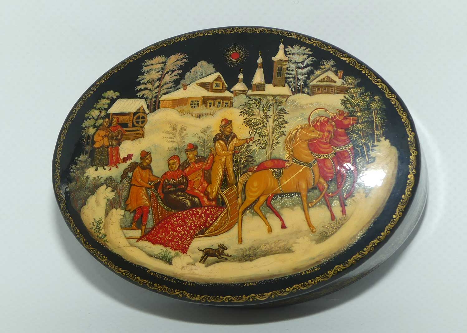Hand Made Russian Sleigh motif Palekh | Papier Mache lacquer box | oval shape