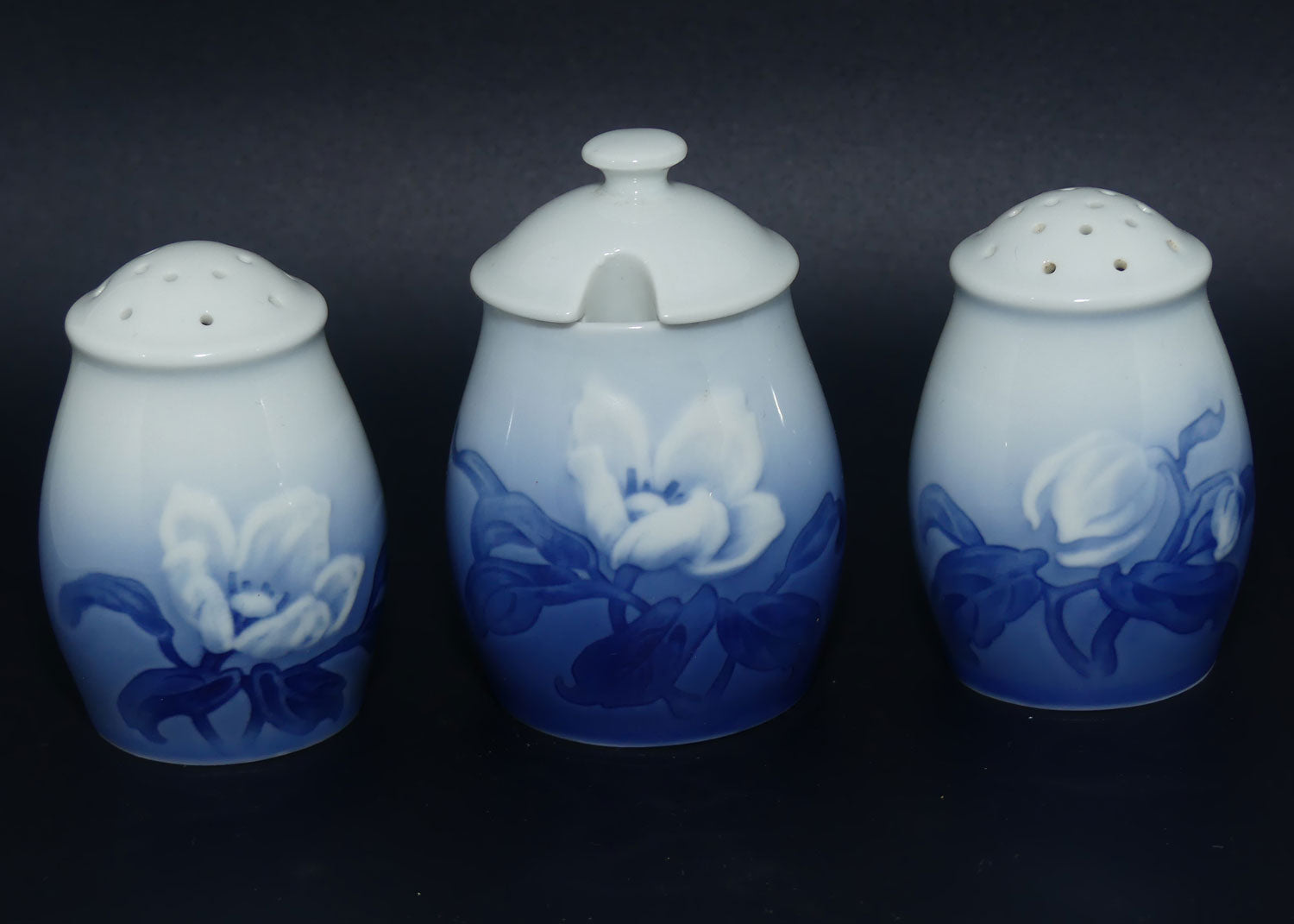 Bing and Grondahl Christmas Rose salt, pepper and mustard set | Shape 52A, 52B and 52C