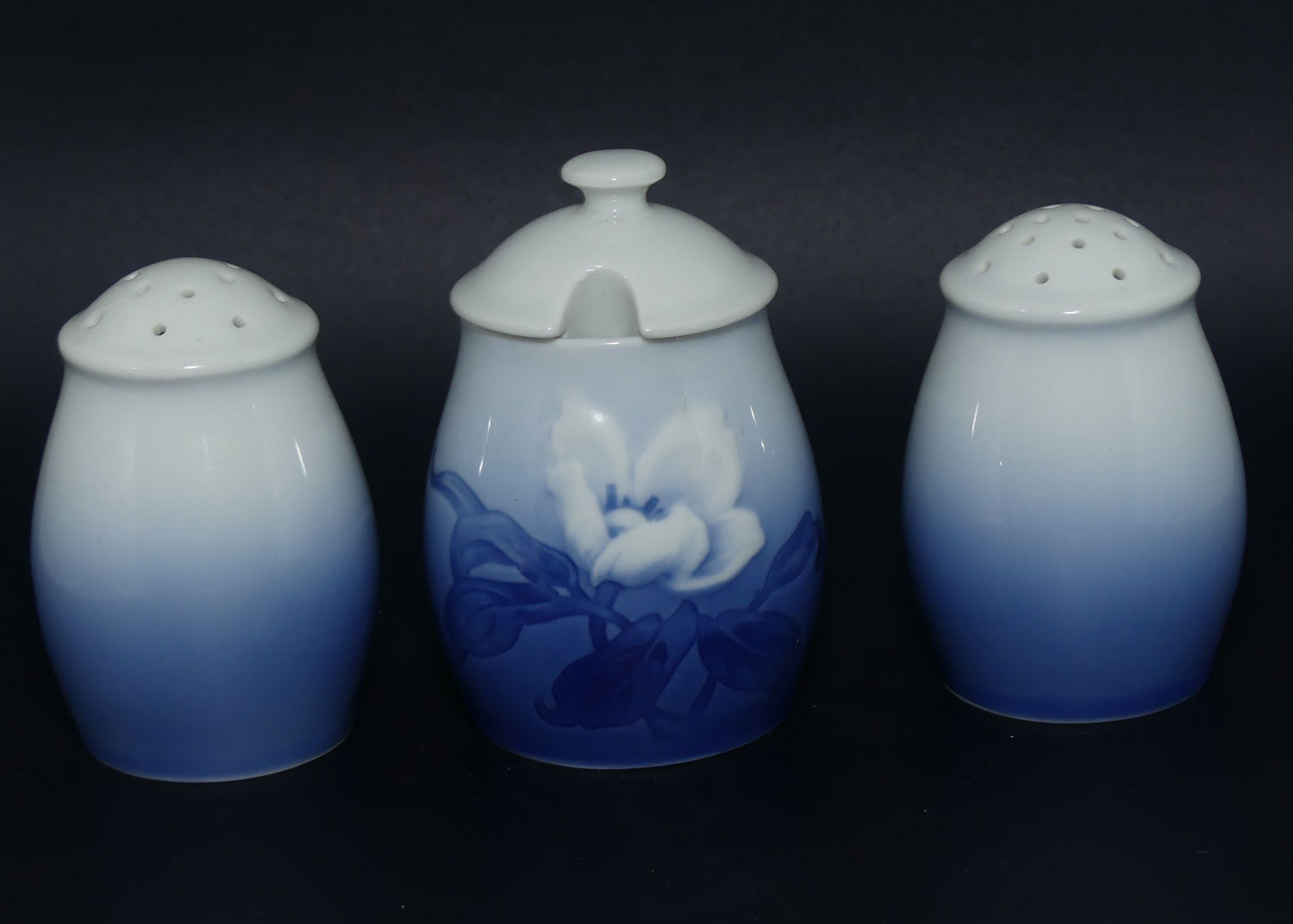 Bing and Grondahl Christmas Rose salt, pepper and mustard set | Shape 52A, 52B and 52C