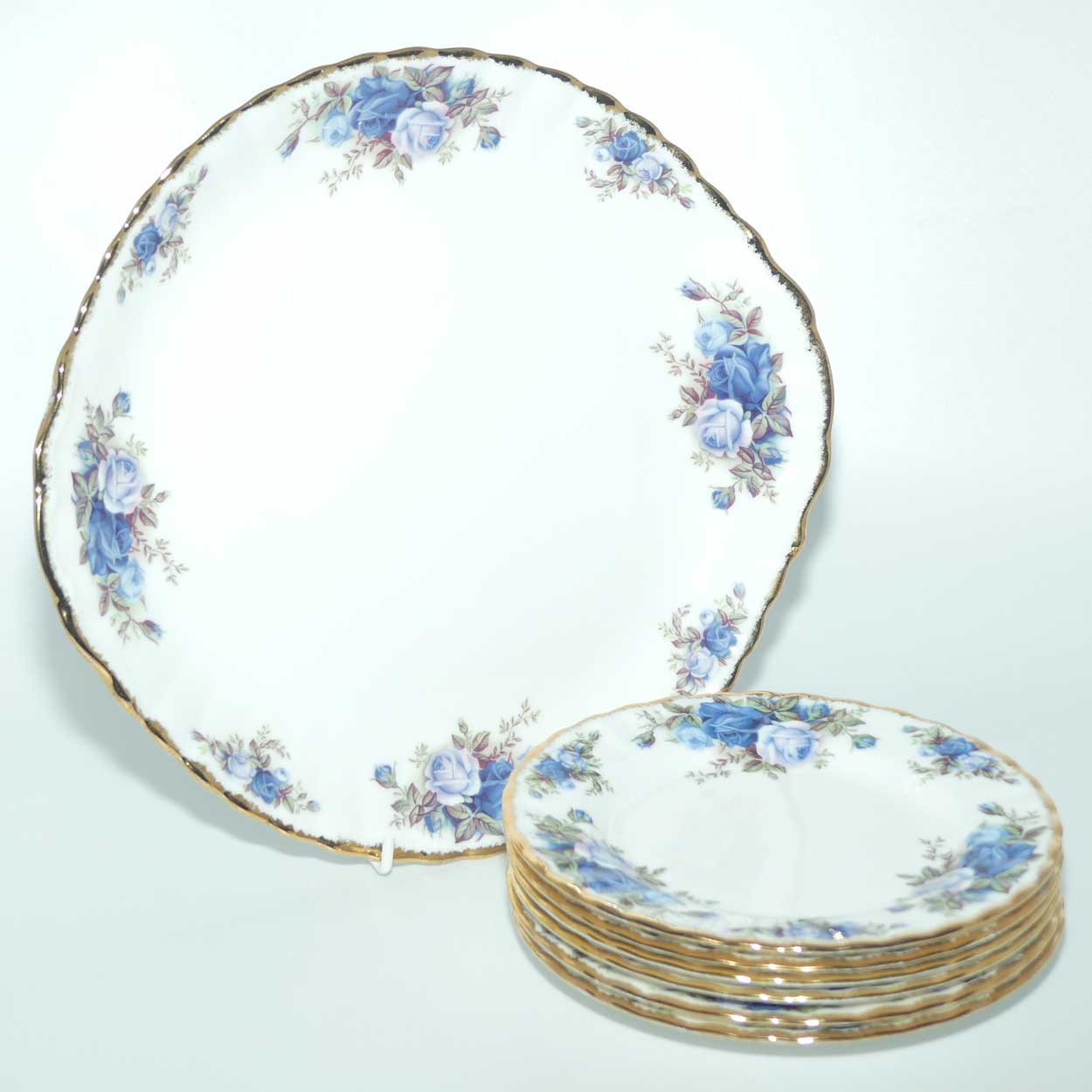 Royal Albert Bone China England Moonlight Rose 7 piece sandwich or cake set | © 1987 Royal Albert Ltd backstamp