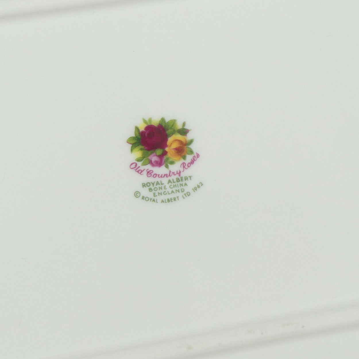 Royal Albert Bone China England Old Country Roses rectangular sandwich tray | © 1962 Royal Albert Ltd backstamp