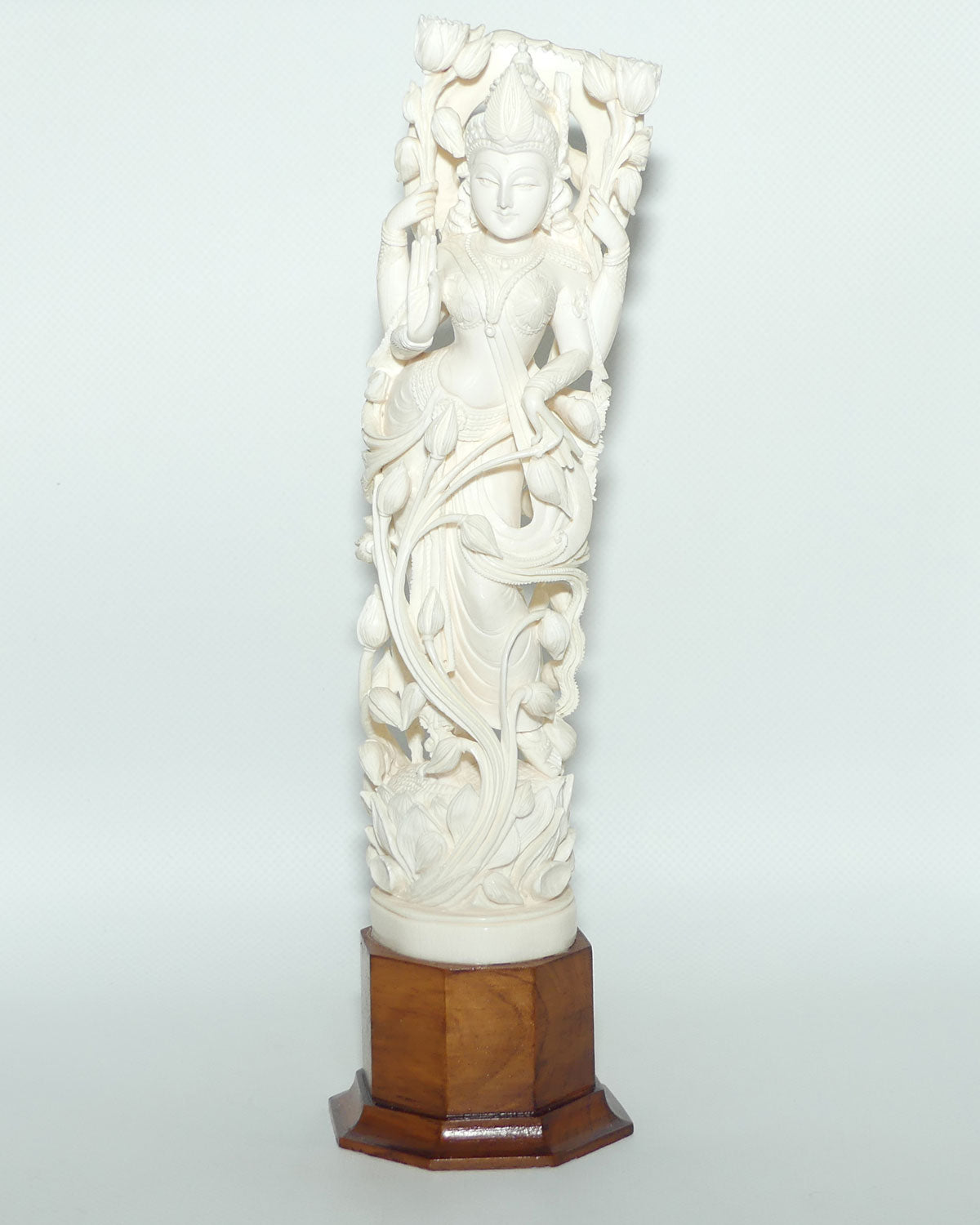 Magnificent Indian Carved Ivory figure on wooden base | Goddess Lakshmi