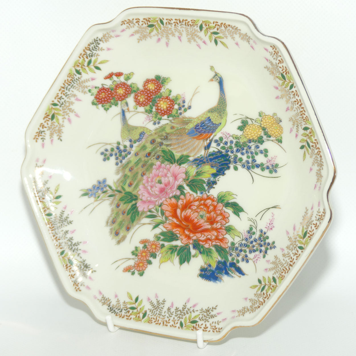 Kenzan Gama Satsuma Japan hexagonal Peacocks plate