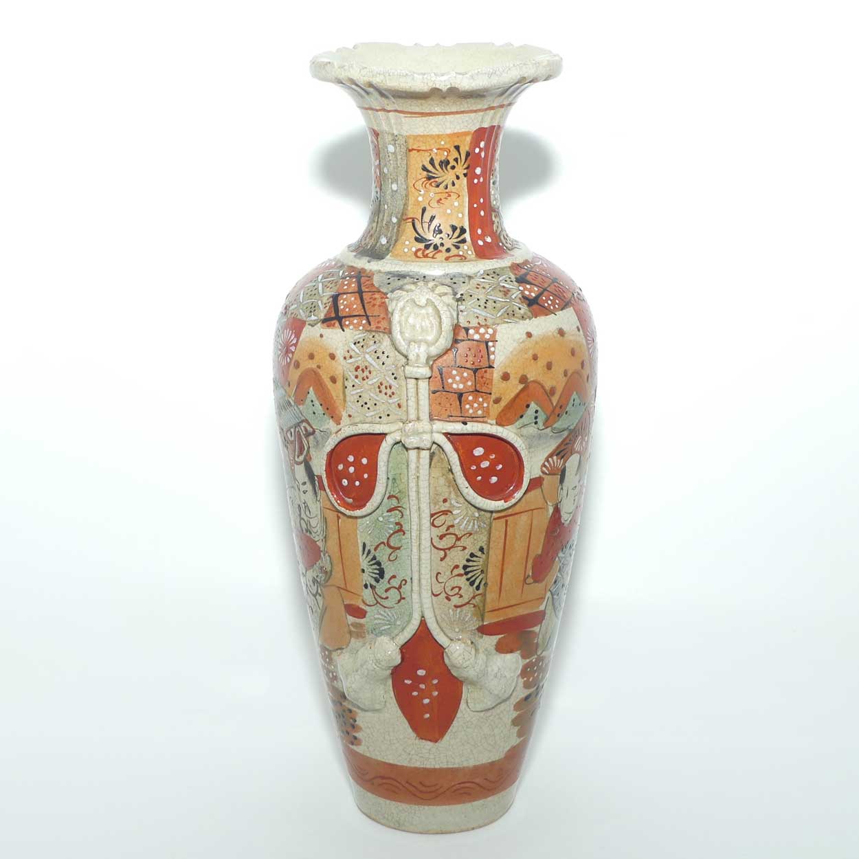 Antique Satsuma ware Samurai Warrior vase | Red Band on base