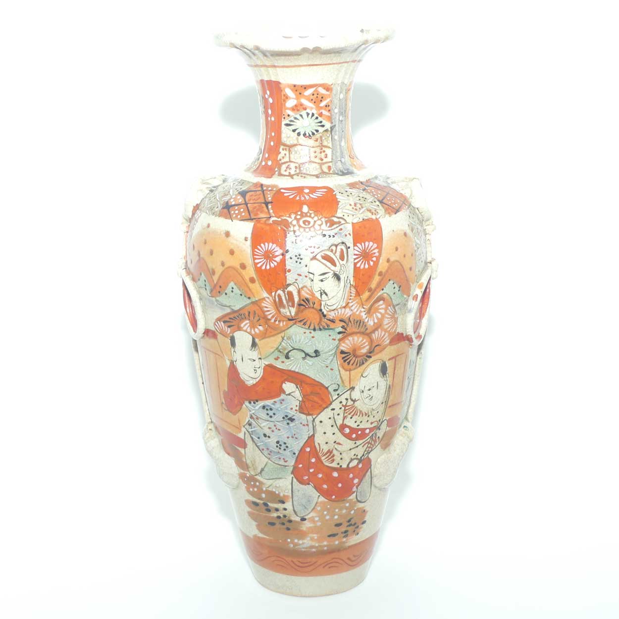 Antique Satsuma ware Samurai Warrior vase | Red Band on base
