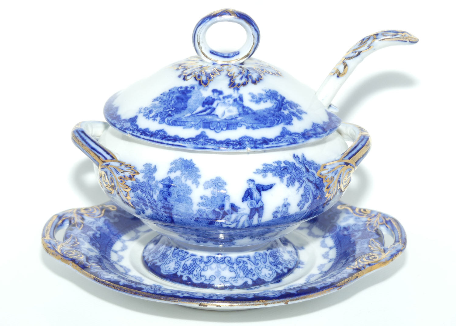Doulton Watteau pattern Blue and White Sauce Tureen and Underplate