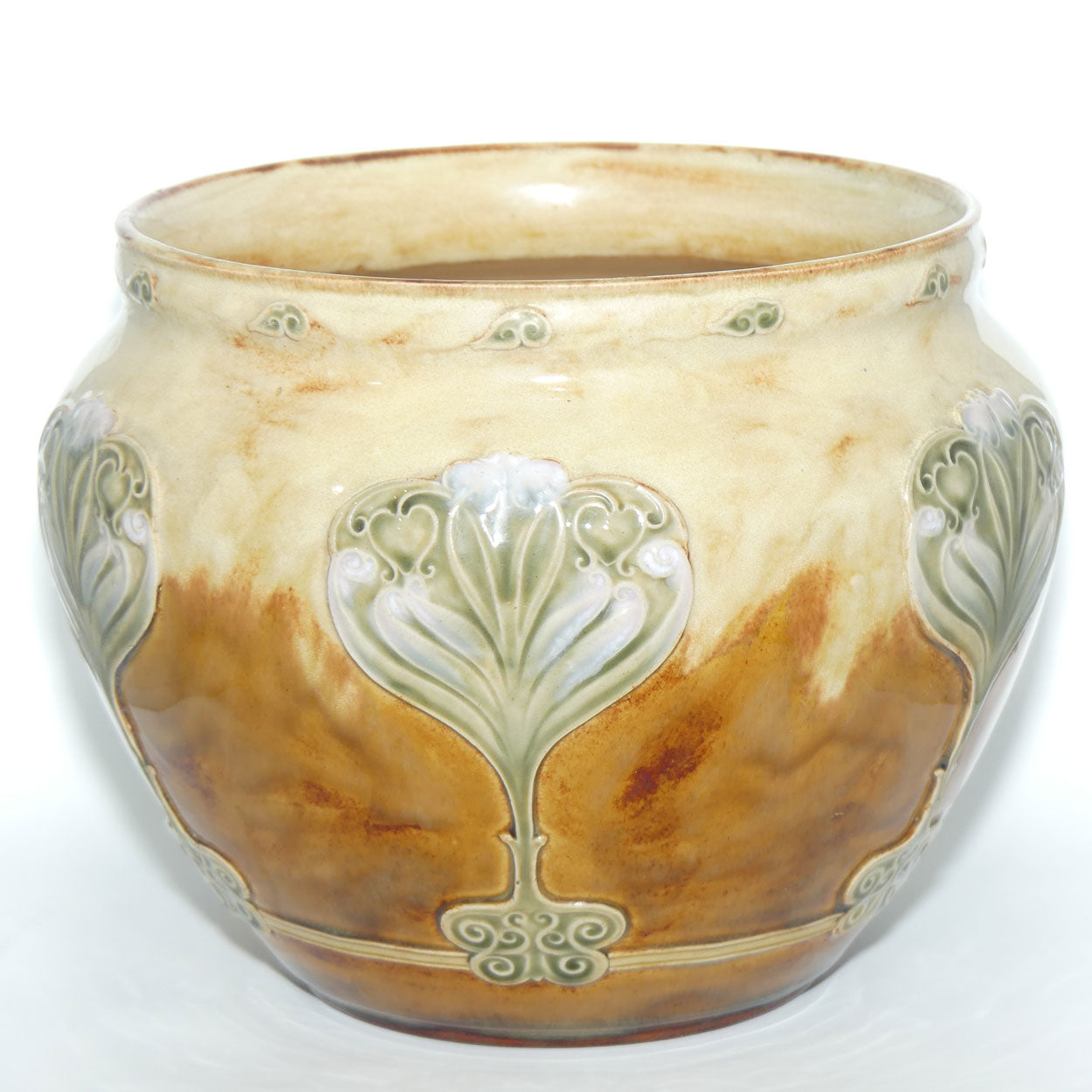 Doulton Lambeth Stoneware jardiniere | Light Brown and Cream with Art Nouveau Scrolling