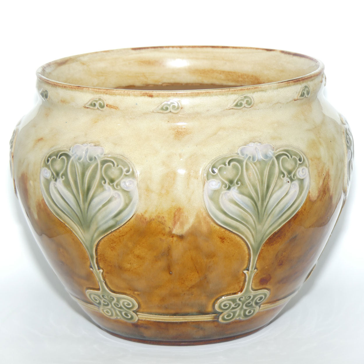 Doulton Lambeth Stoneware jardiniere | Light Brown and Cream with Art Nouveau Scrolling