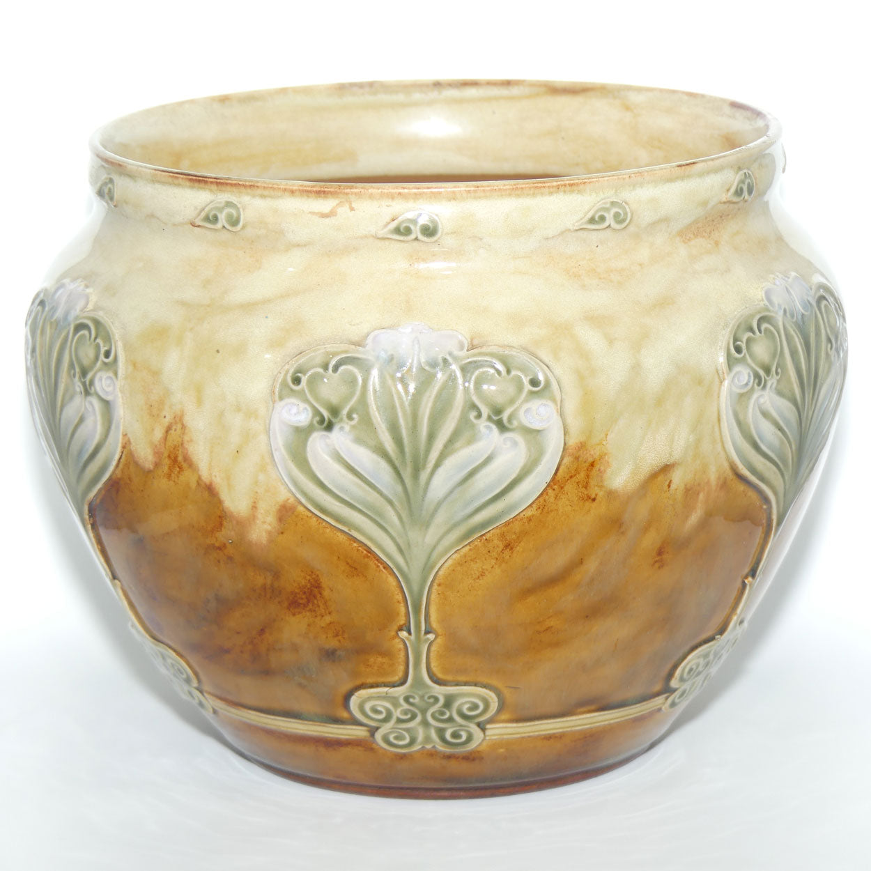 Doulton Lambeth Stoneware jardiniere | Light Brown and Cream with Art Nouveau Scrolling