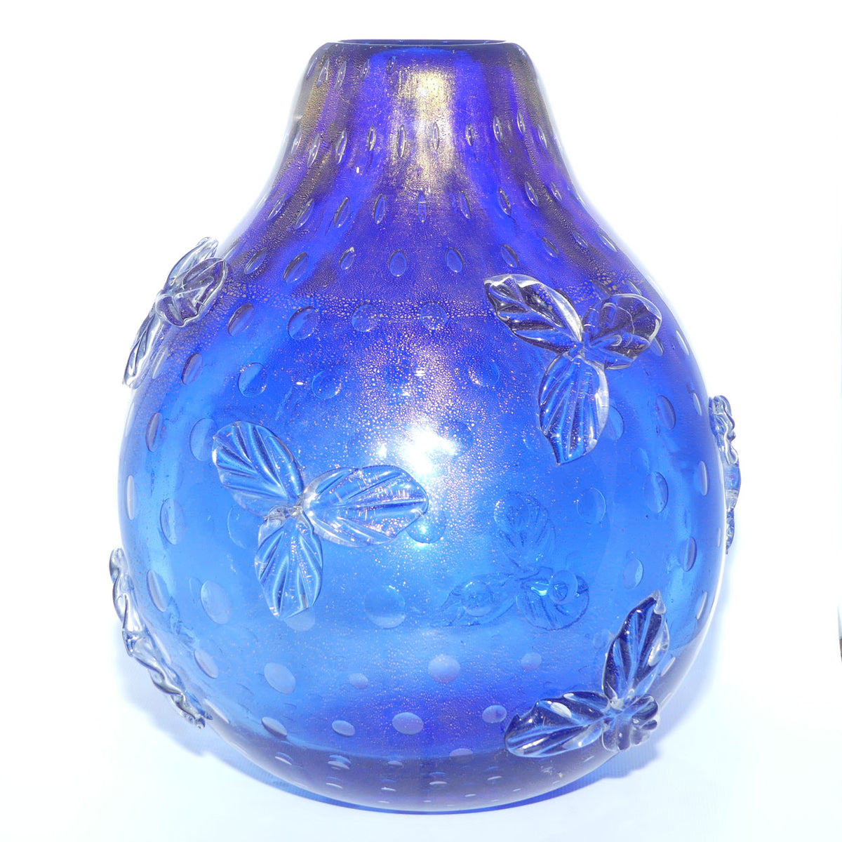 Murano Glass vase with applied leaf decor | Aventurine Gold and Bullicante technique | by Archimede Seguso