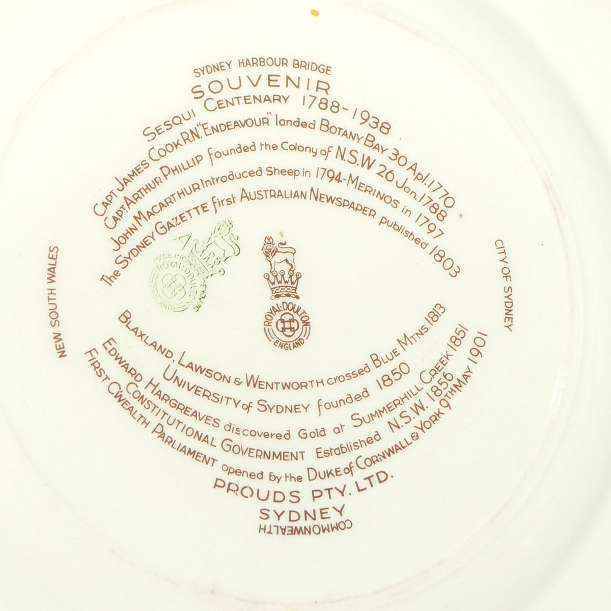 Royal Doulton Australian 1788 - 1938 Sesqui Centenary rack plate D6201 | Round | #2