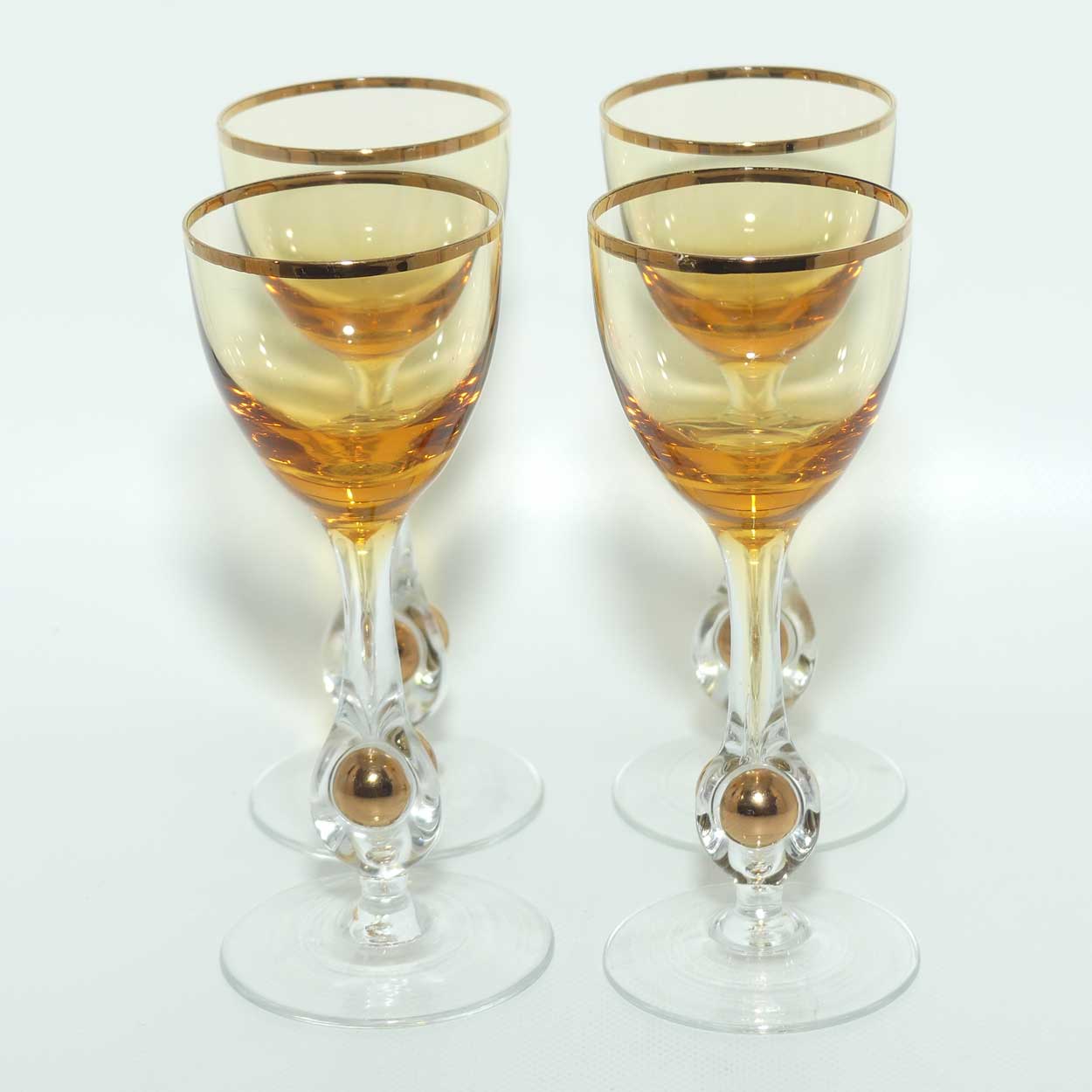Set of 4 1960s Jozef Stanik Amber Glass With Captured Golden Ball in Stem liqueur glass | Golden Zuzana Design