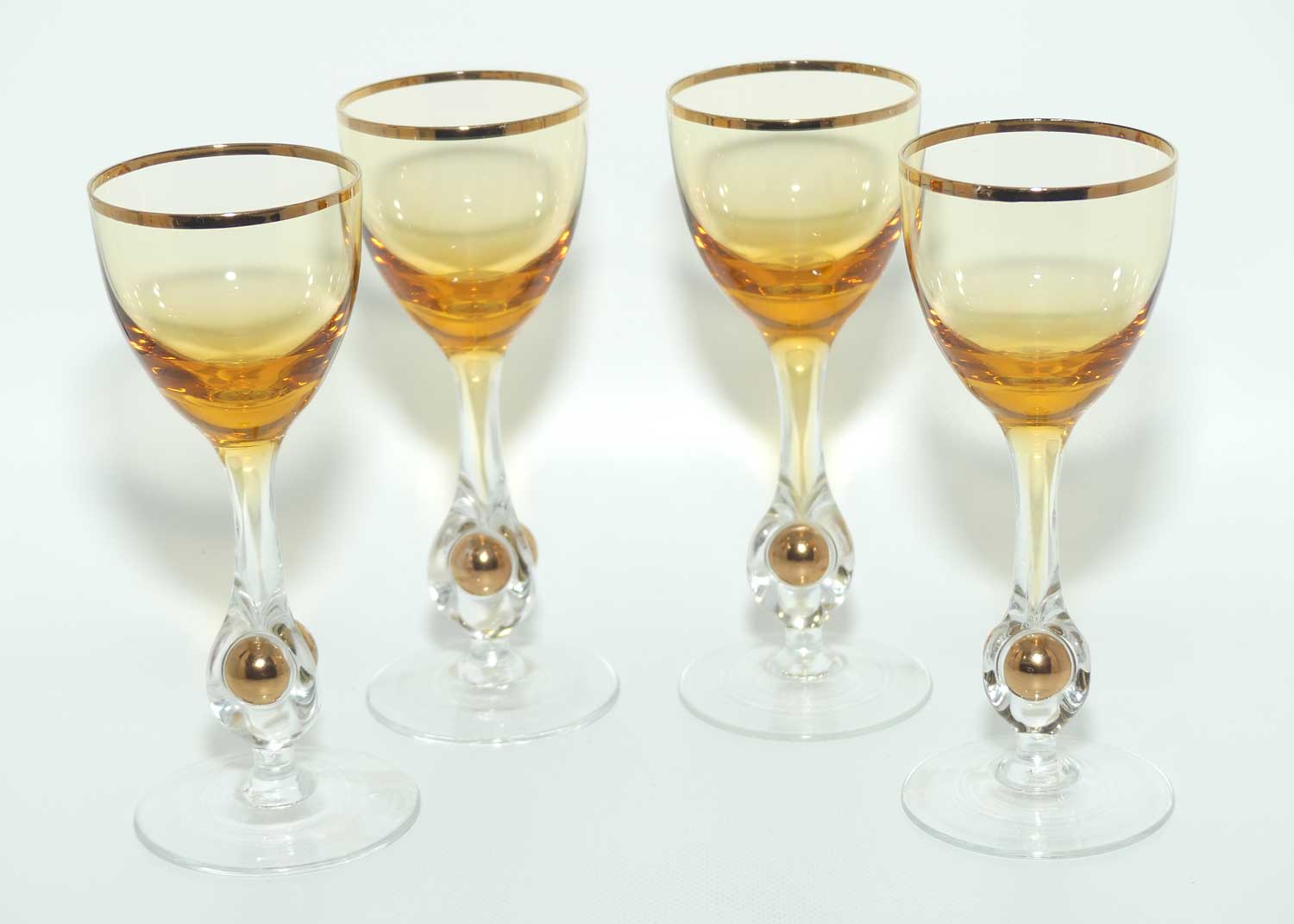 Set of 4 1960s Jozef Stanik Amber Glass With Captured Golden Ball in Stem liqueur glass | Golden Zuzana Design