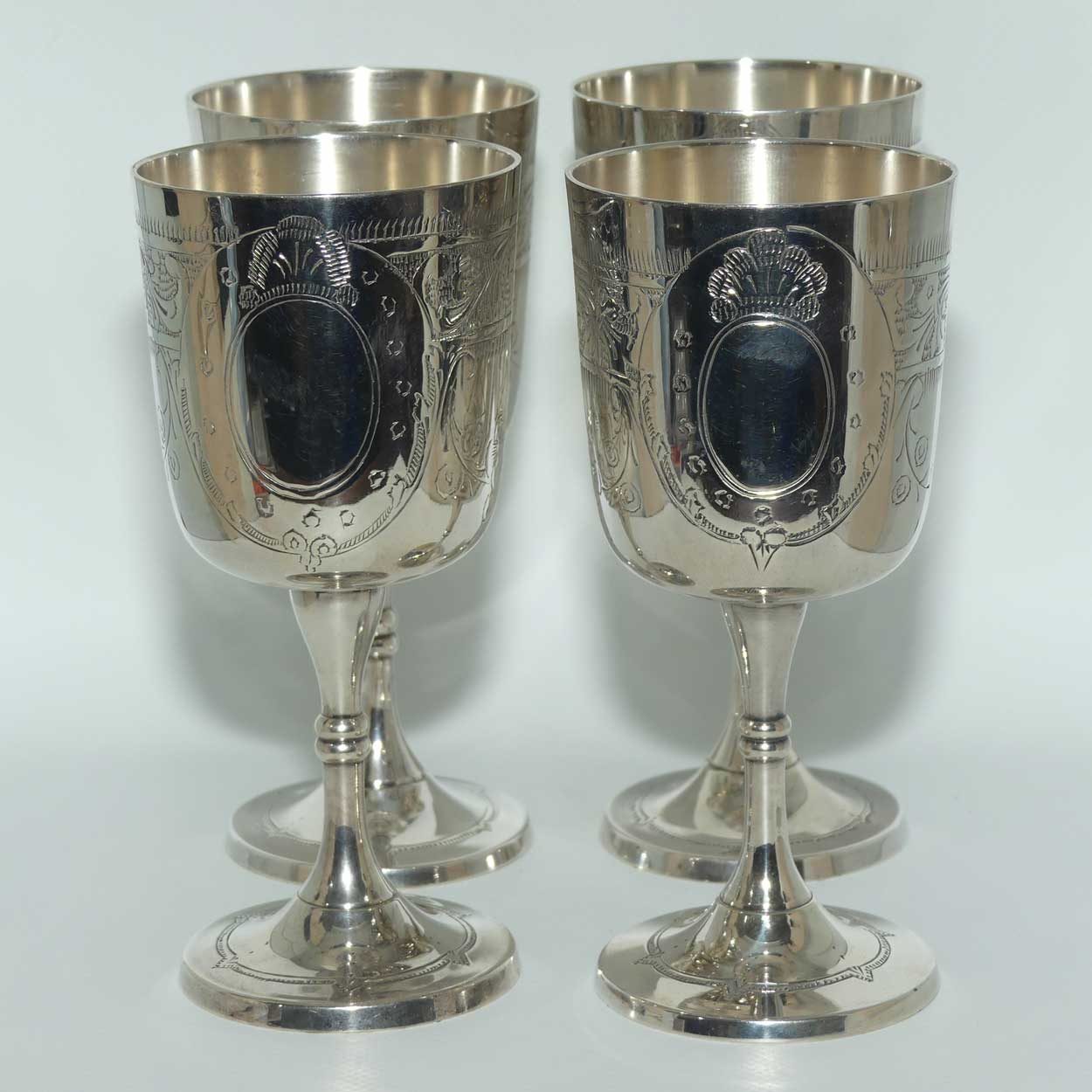 Set of 4 Silver Plated Embossed Wine Goblets