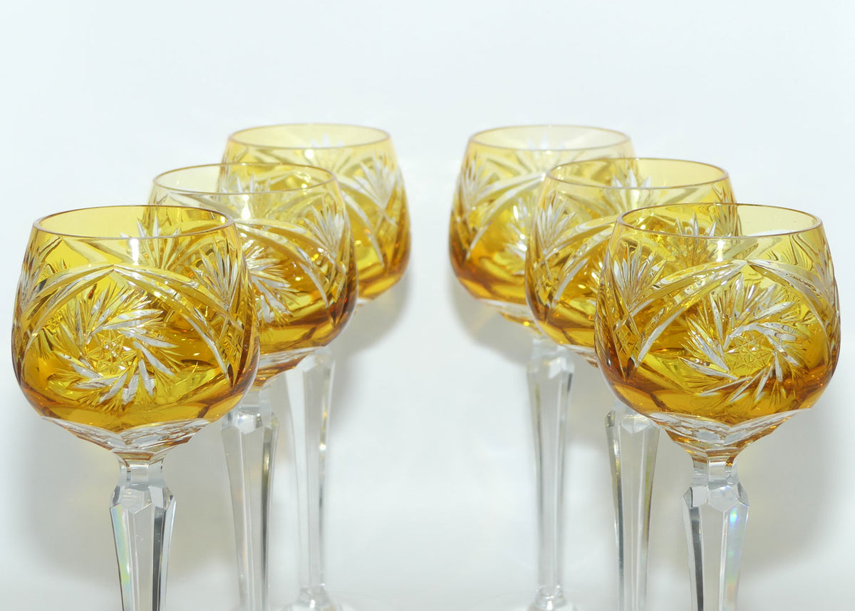 Set of 6 Amber Cut to Clear Nachtmann Wine Hocks | 19cm tall | 125ml bowl