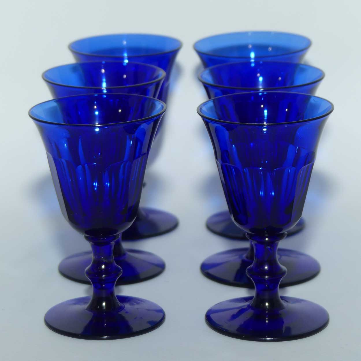 Set of 6 Georgian Bristol Blue Port Glasses with fine panelled waists