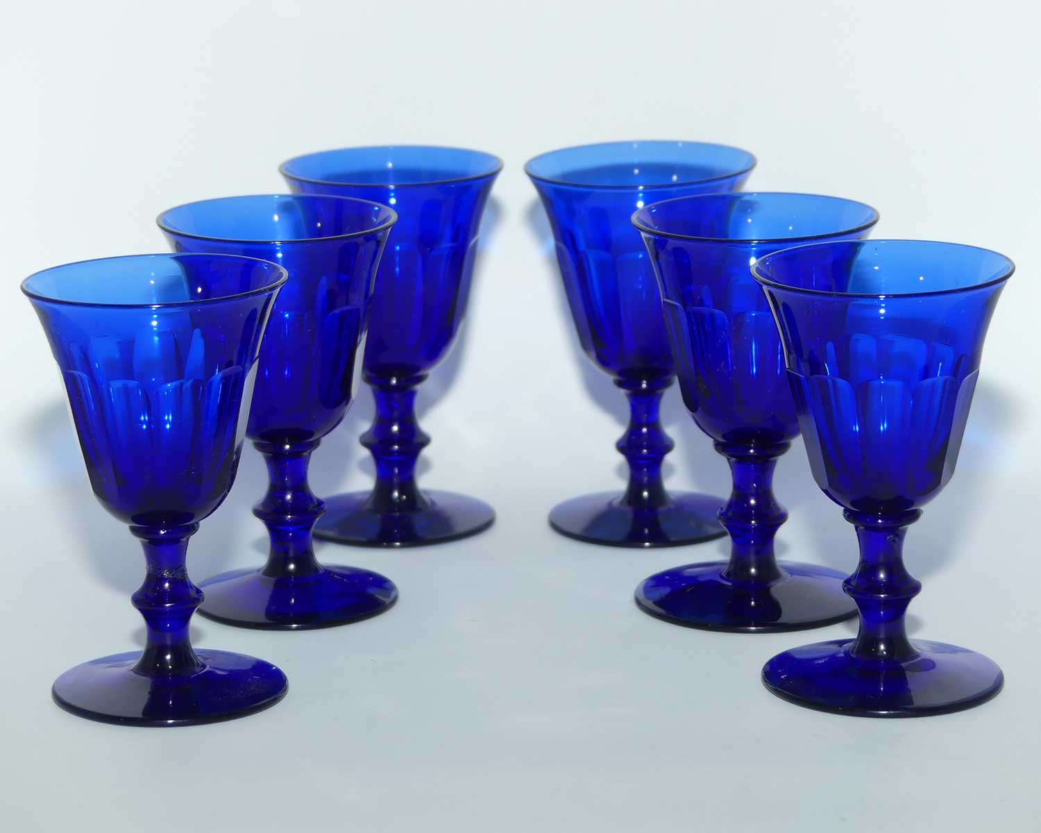 Set of 6 Georgian Bristol Blue Port Glasses with fine panelled waists