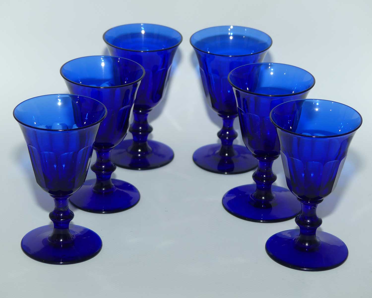 Set of 6 Georgian Bristol Blue Port Glasses with fine panelled waists