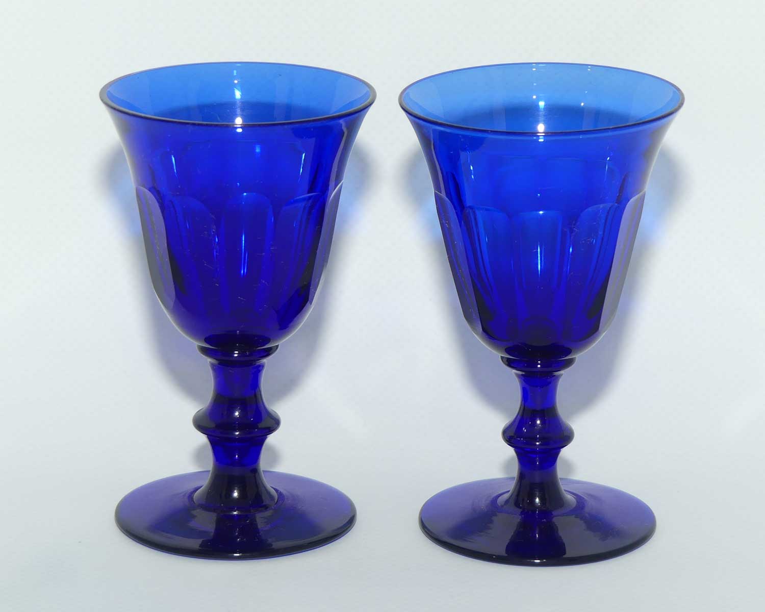 Set of 6 Georgian Bristol Blue Port Glasses with fine panelled waists