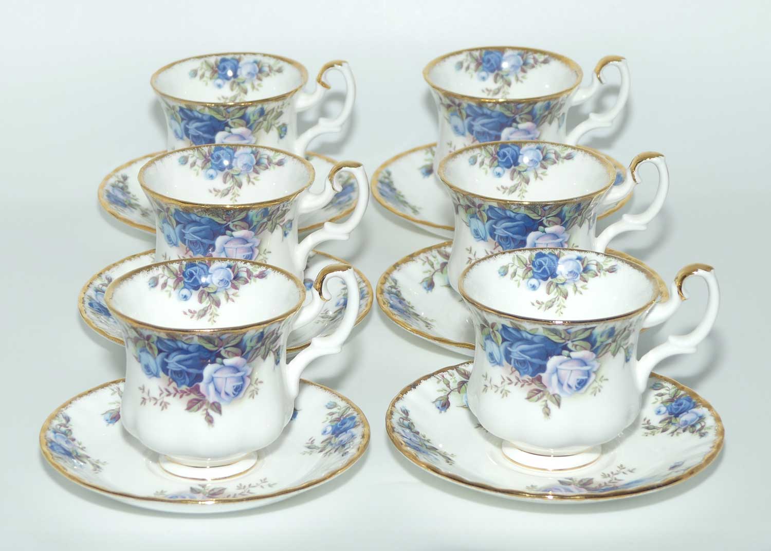 Royal Albert Bone China England Moonlight Rose set of 6 coffee duos | © 1987 Royal Albert Ltd backstamp
