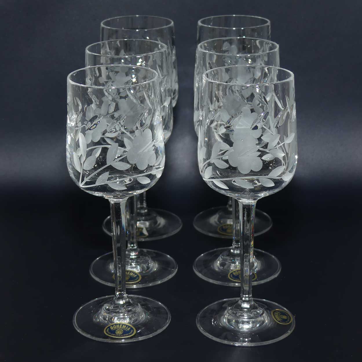 Set of 6 Bohemian Crystal Wine Glasses | Cut Floral pattern
