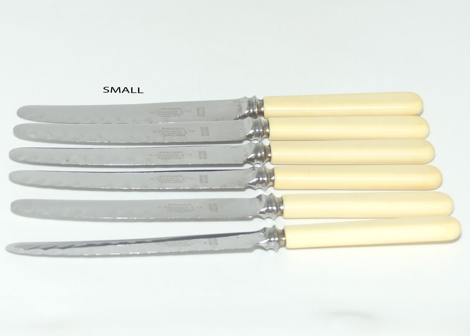 Set of 12 Pearson & Co Sheffield | Faux Bone Handle Knives | 6 Dinner Knives and 6 Salad Knives | serated