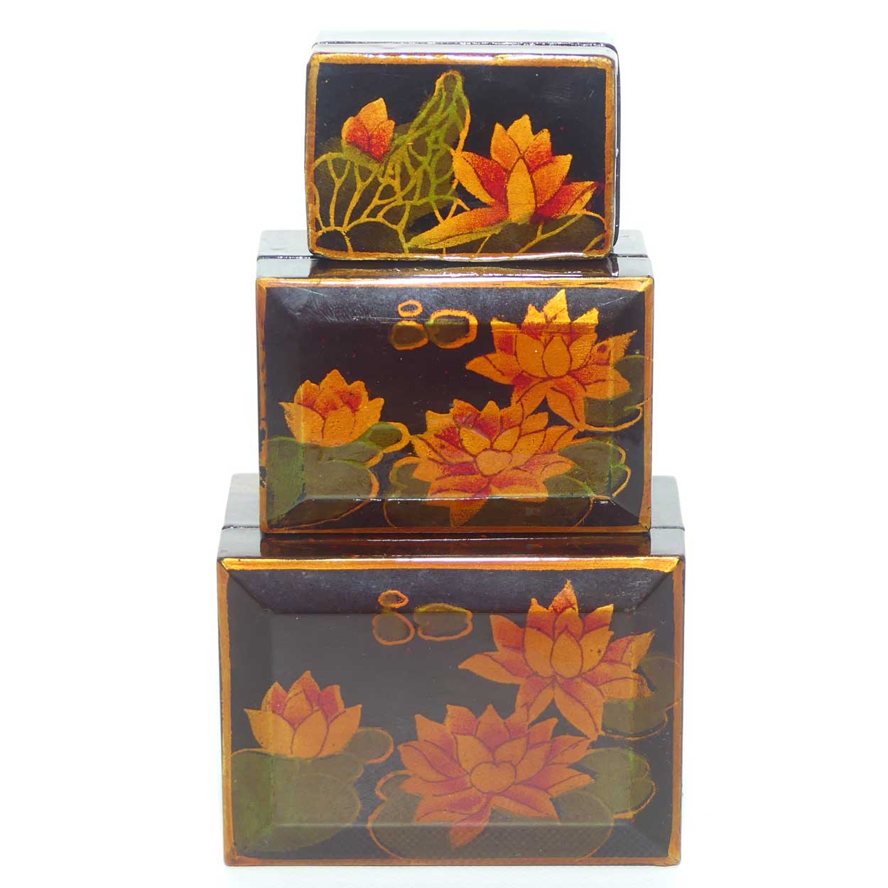Set of 3 Graduated Lacquerware Water Lily jewel boxes