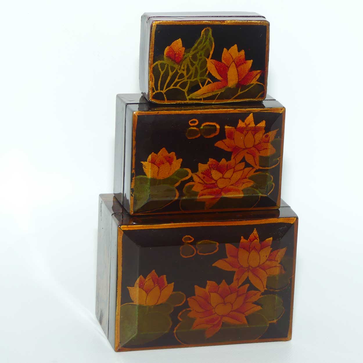Set of 3 Graduated Lacquerware Water Lily jewel boxes