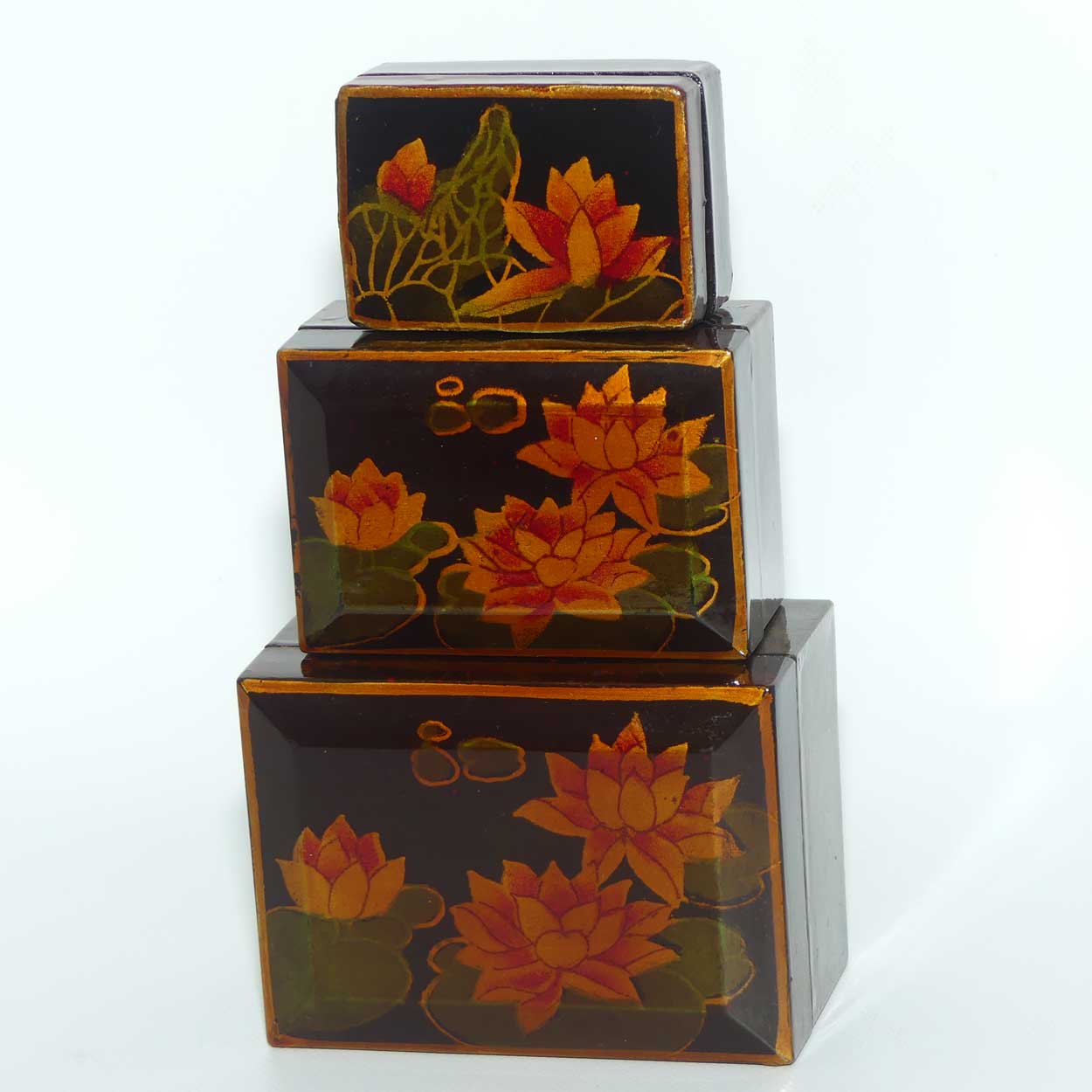 Set of 3 Graduated Lacquerware Water Lily jewel boxes