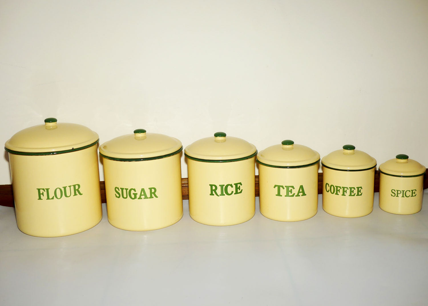 Set of 6 Vintage Enamel Kitchen Cannisters