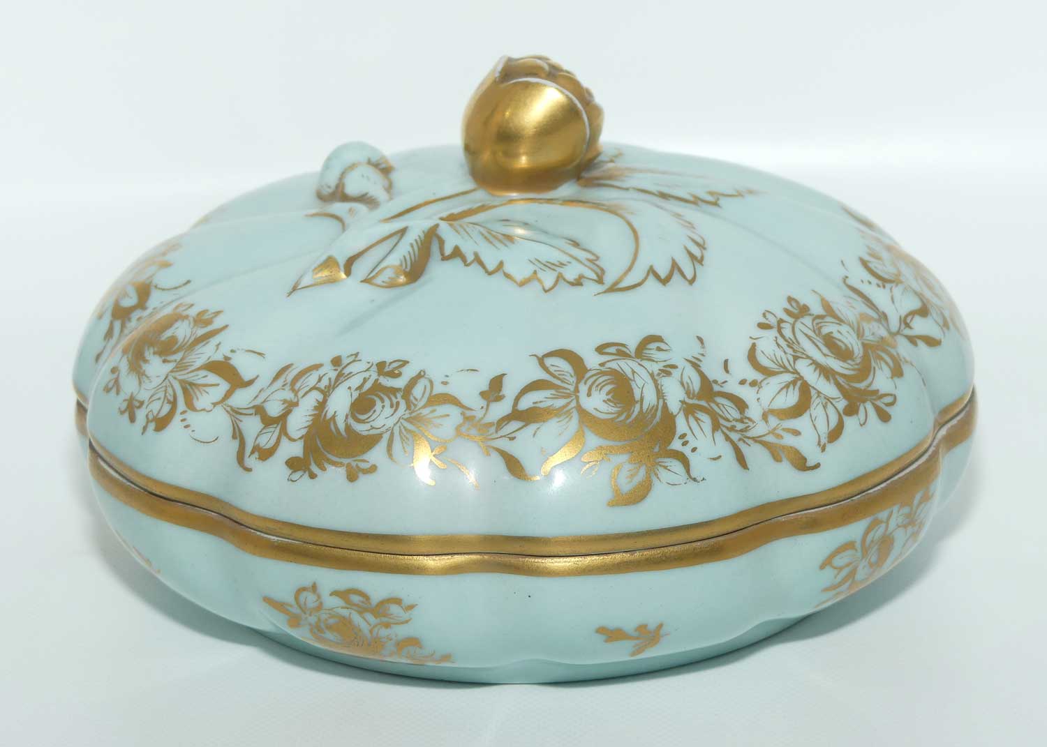 Sevres style large Celeste colour and Heavily Gilt Ladies powder bowl | Floral handle