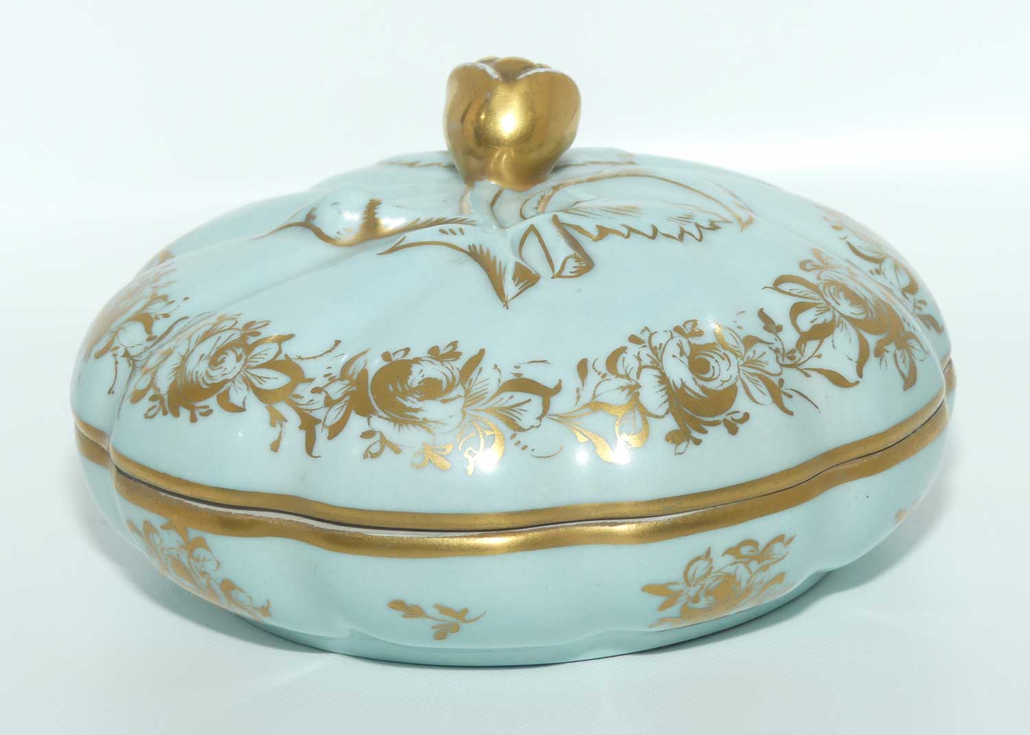 Sevres style large Celeste colour and Heavily Gilt Ladies powder bowl | Floral handle