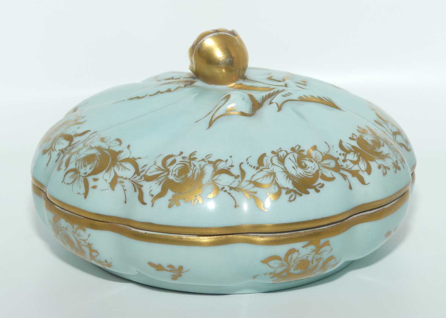 Sevres style large Celeste colour and Heavily Gilt Ladies powder bowl | Floral handle