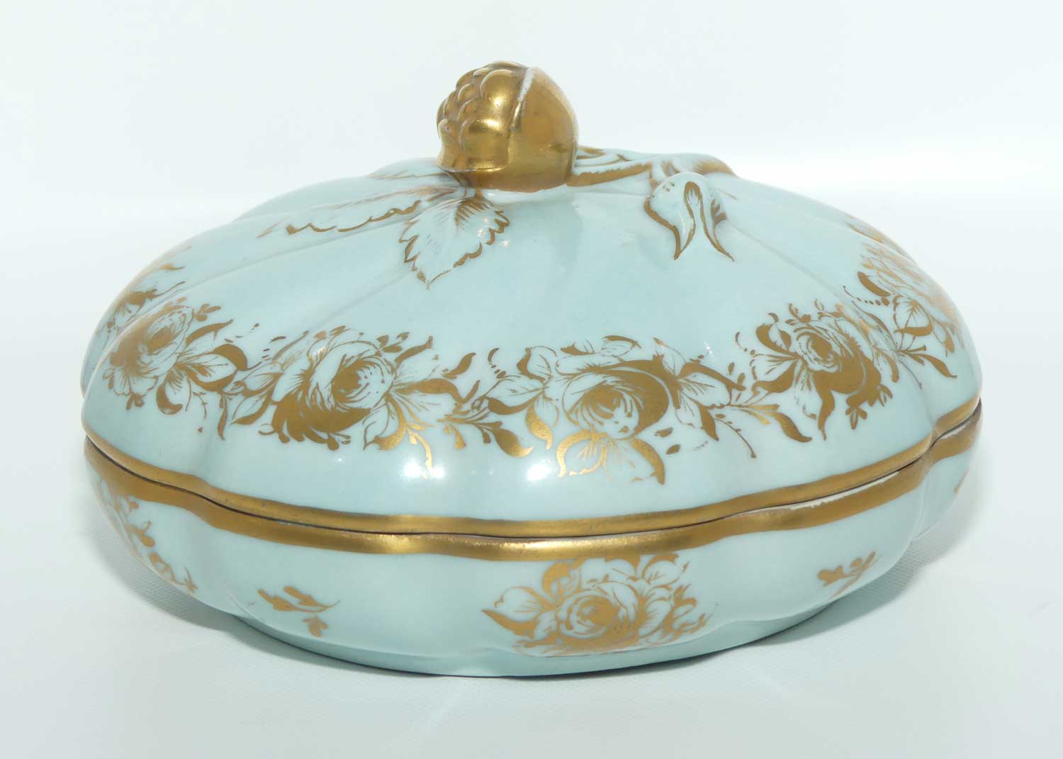 Sevres style large Celeste colour and Heavily Gilt Ladies powder bowl | Floral handle