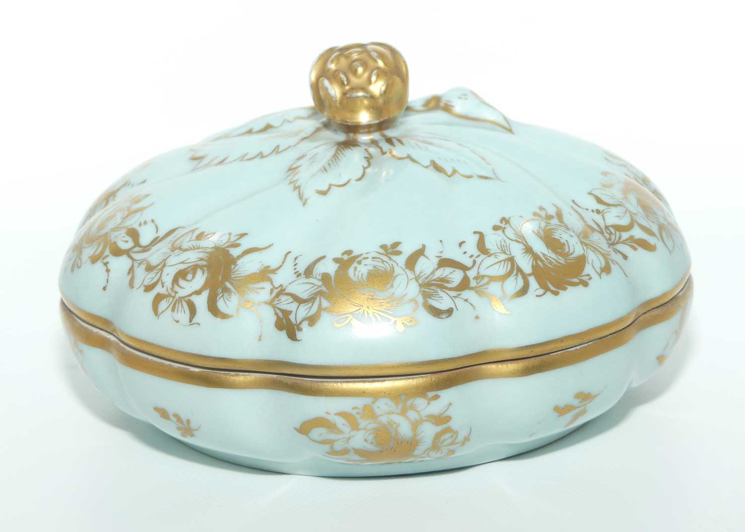 Sevres style large Celeste colour and Heavily Gilt Ladies powder bowl | Floral handle