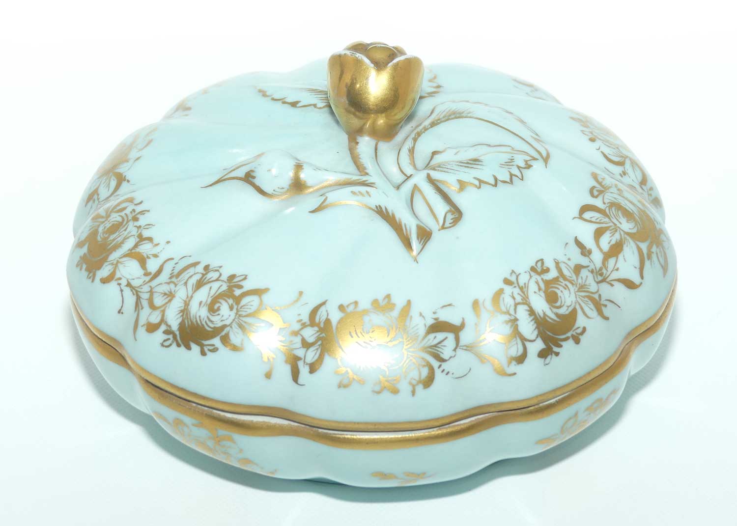 Sevres style large Celeste colour and Heavily Gilt Ladies powder bowl | Floral handle